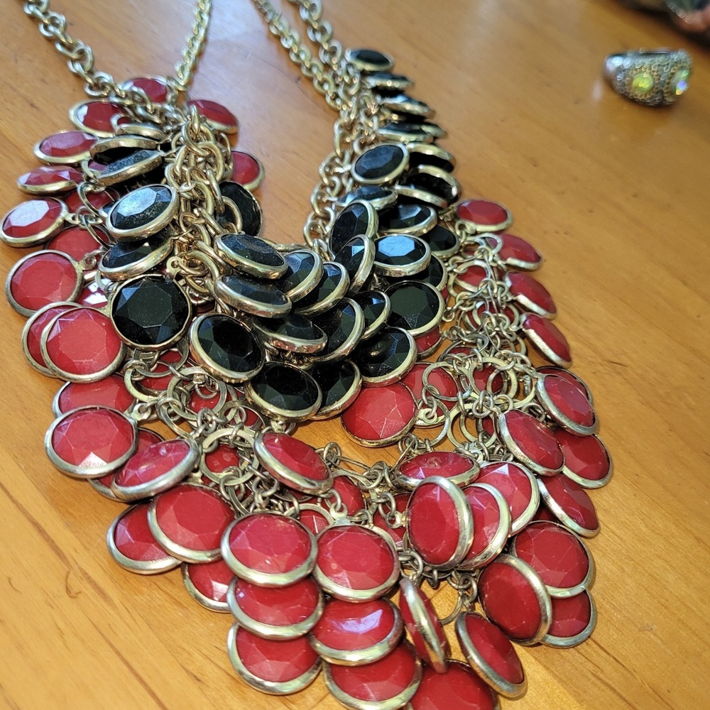 Chunky Faceted Bib Necklace Pair Black Red Cabochon Statement 20 Inch Lot Vtg